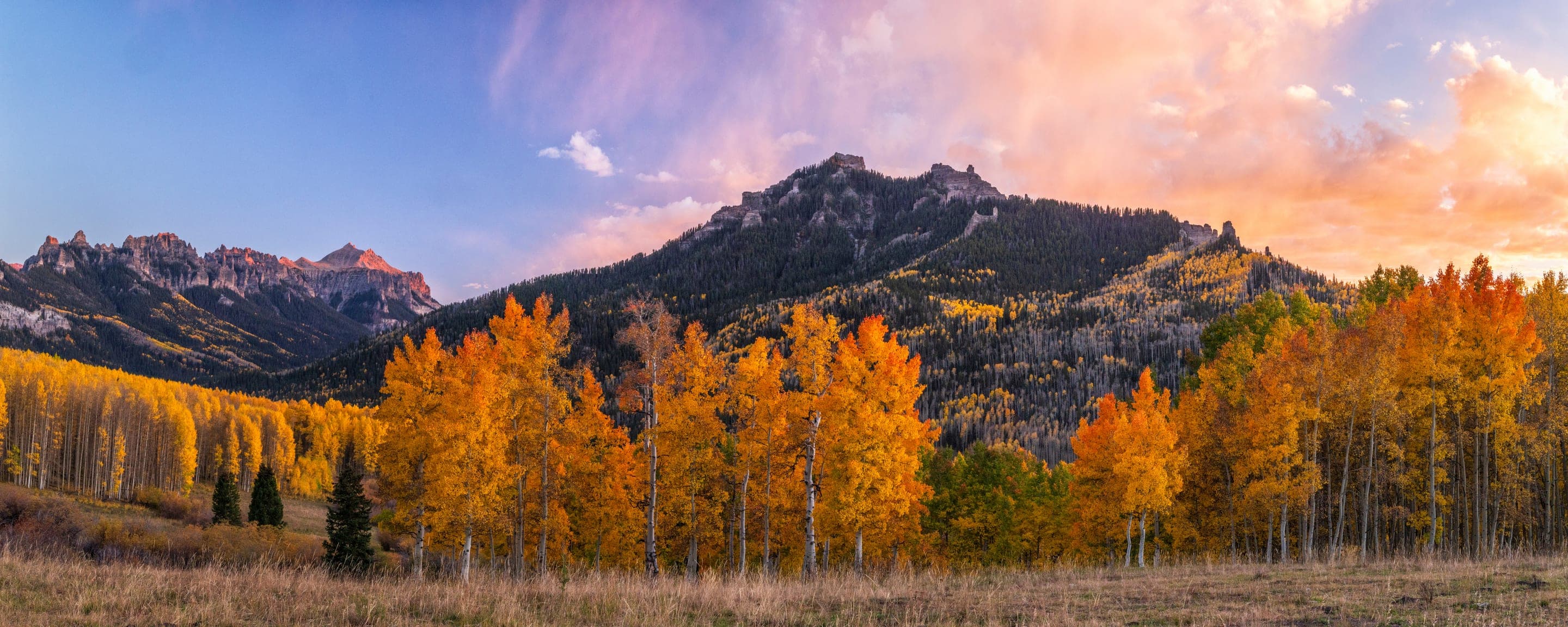 Golden aspens at sunrise below a mountain peak