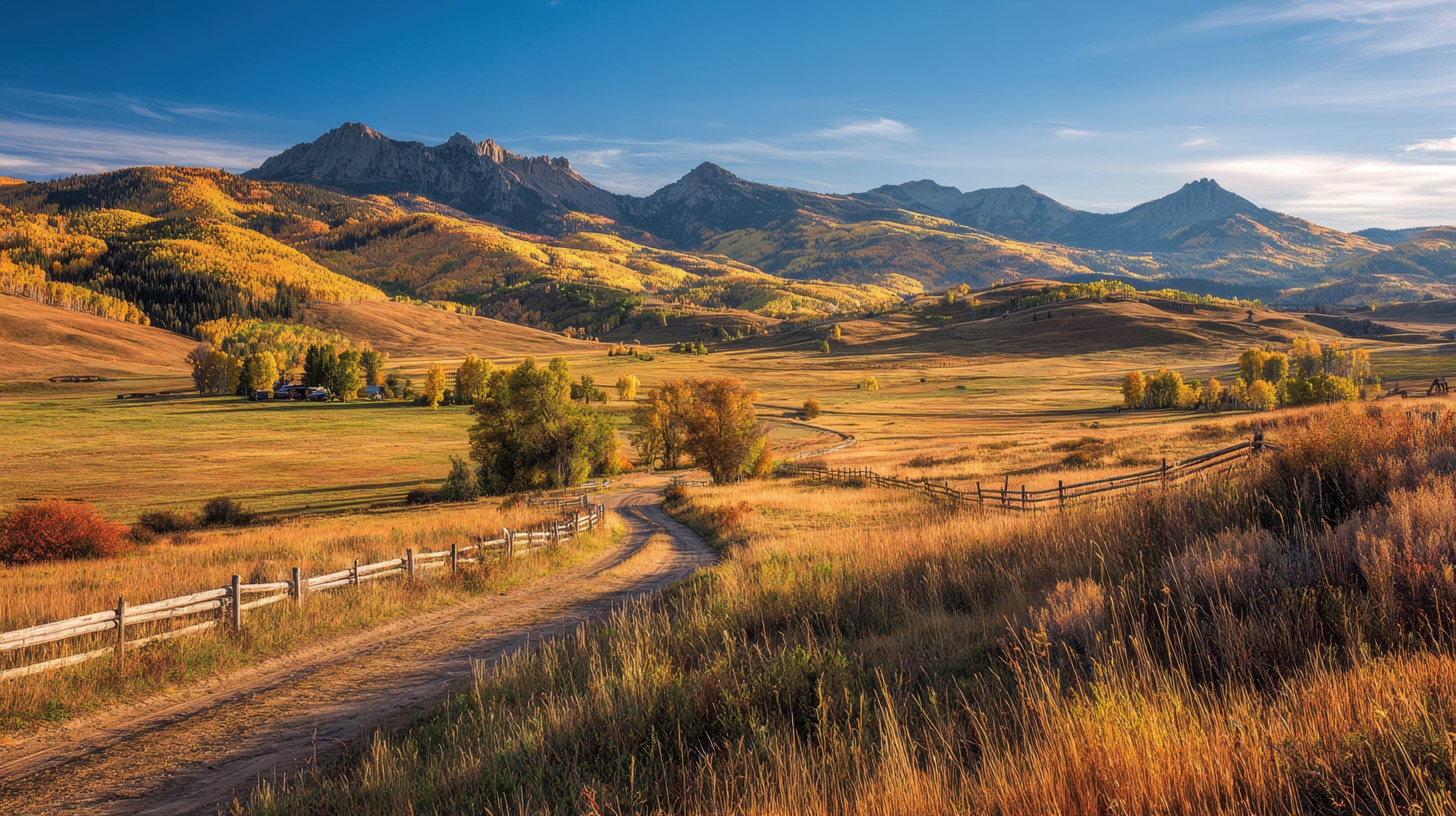Dirt road winding through autumn pasture toward mountains